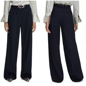 New Reiss Harley Relaxed Wide Leg Pants Trousers Wool Blend Navy Blue Sz 2